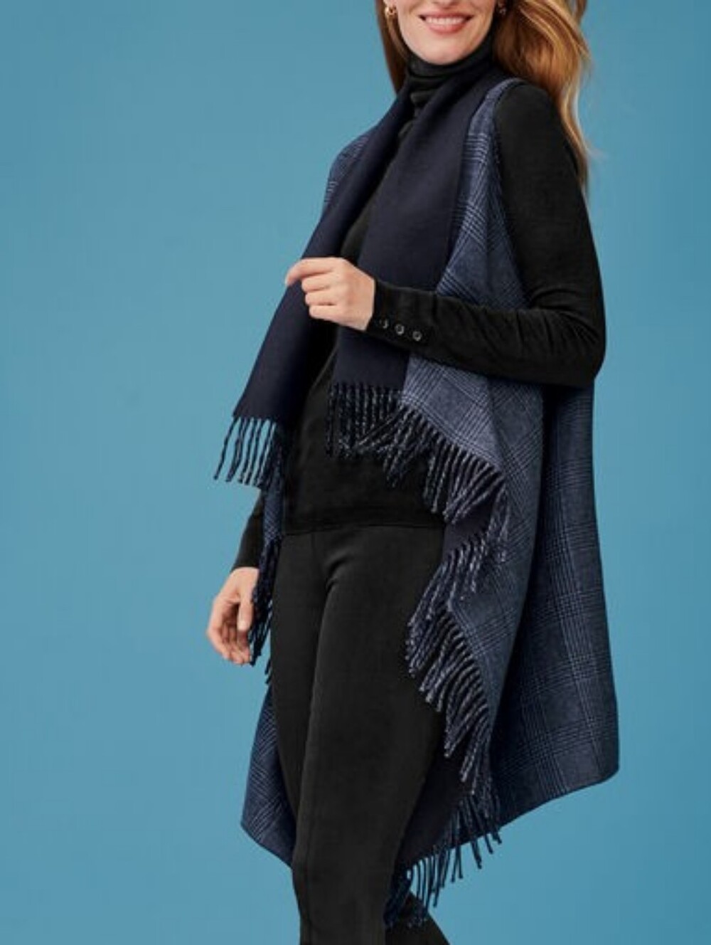 Talbots Blue Plaid Open Front Wrap Vest Shawl With Fringe M/L Western Ranch